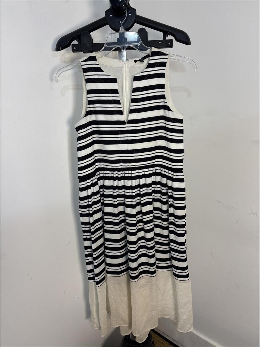 Tibi Dress Women XS White Striped Sheath Midi Zipper V-Neck Sleevelessโ